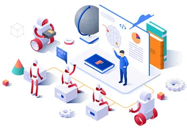 AI services illustration showing machine learning, automation, and business solutions.