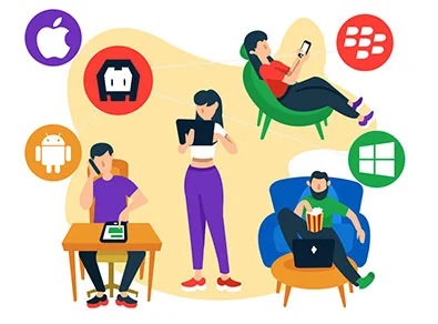 People using mobile apps across platforms illustration